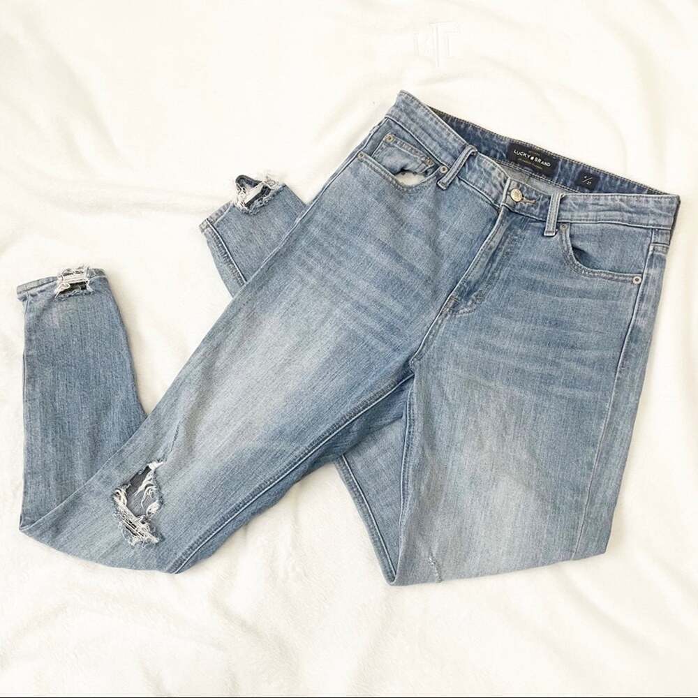 Lucky Brand Bridgette skinny jeans patchwork ripped distressed blue denim 4 27